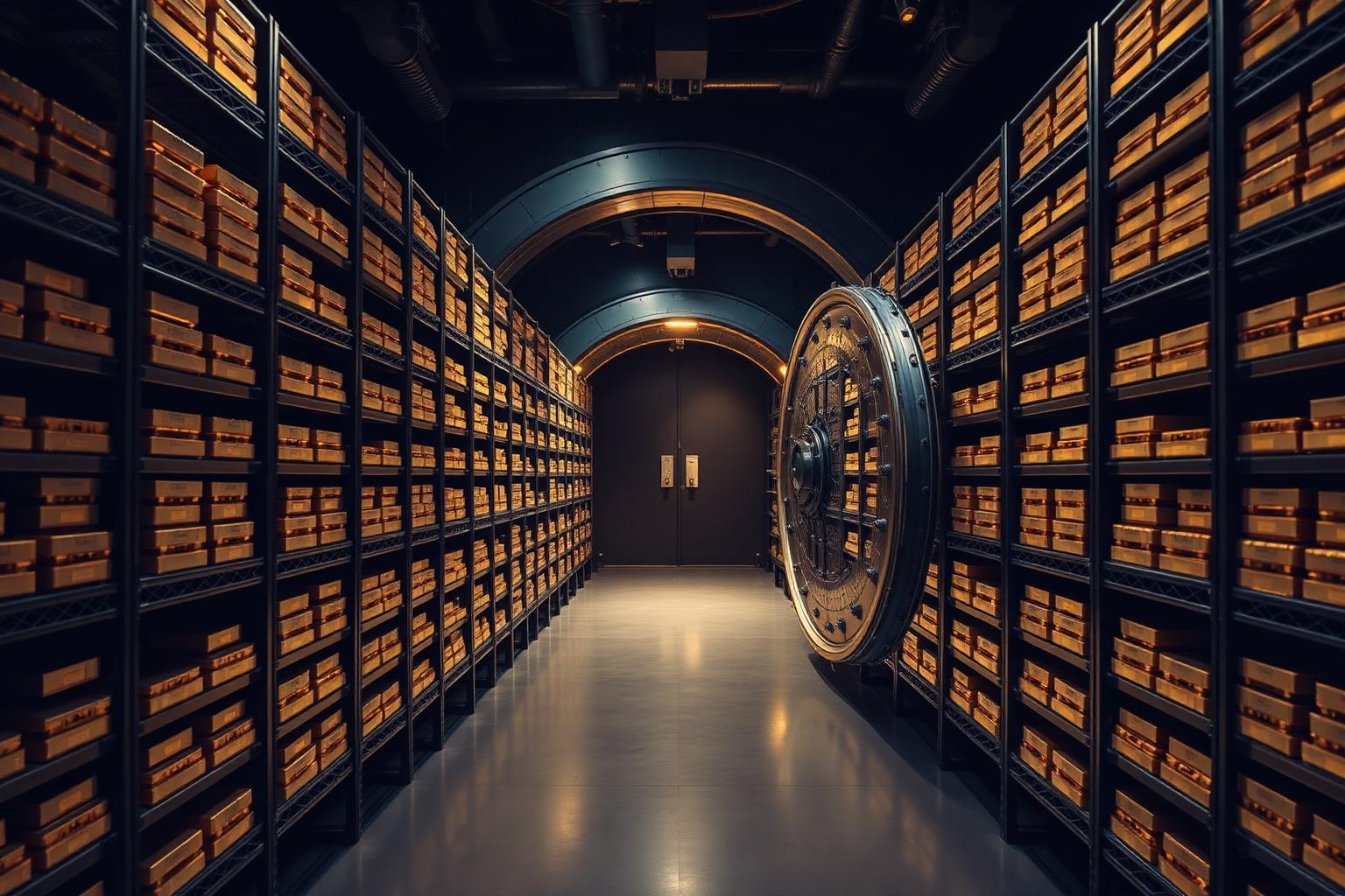 Corridor of steel shelving stacked with gold and silver bullion bars inside a secure depository vault