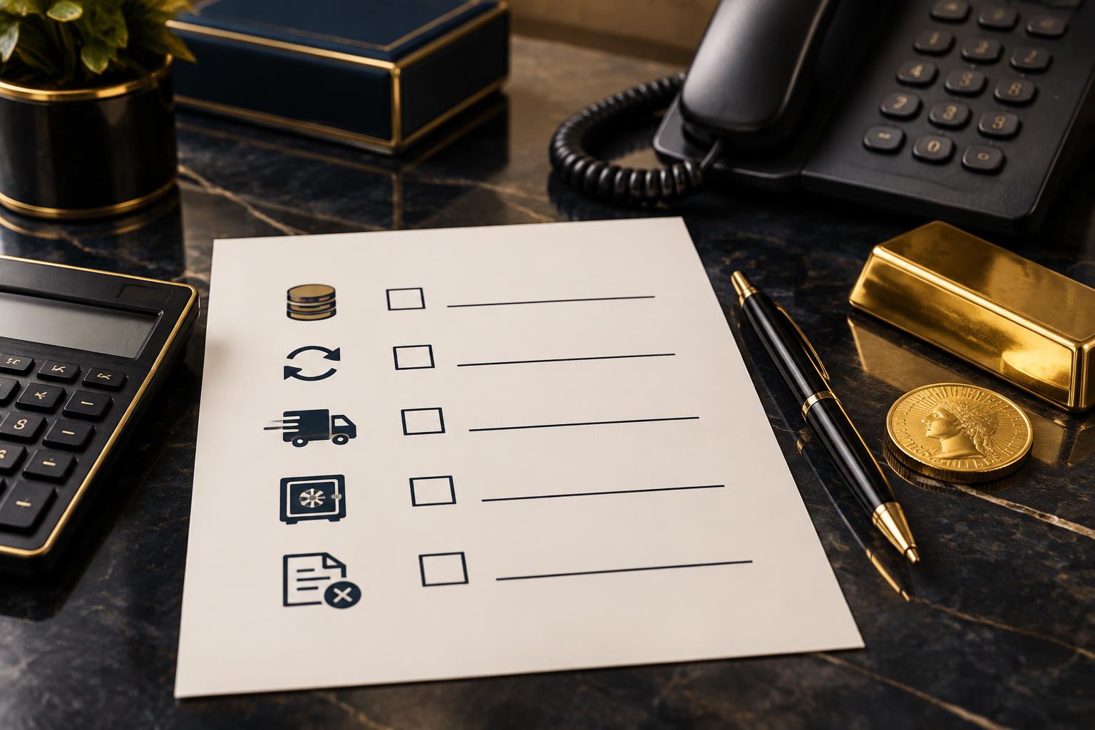 Illustration of a printed question list beside a telephone, with premium, buy-back and storage questions legible