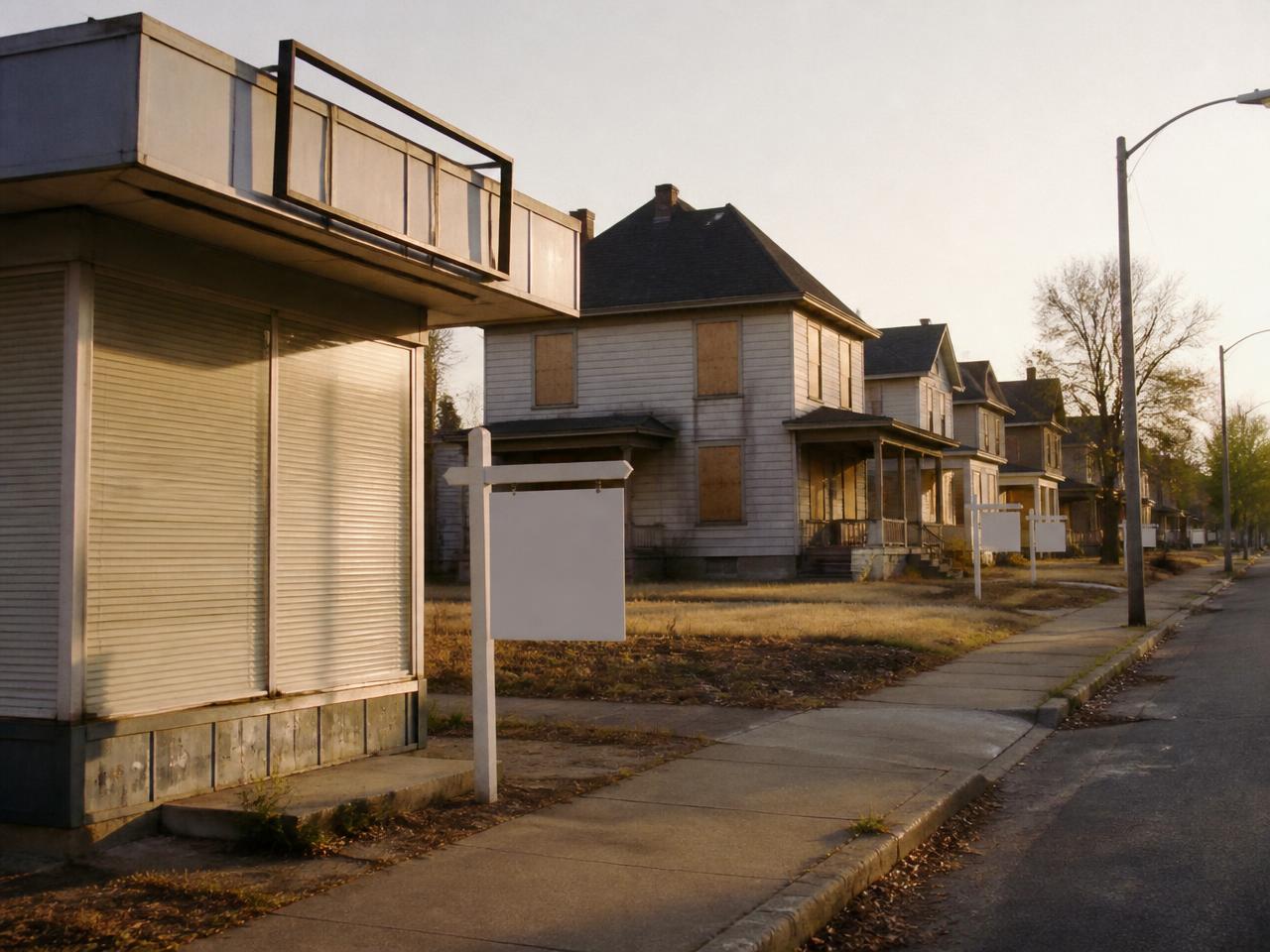 Boarded-up 1980s American homes beside a shuttered savings and loan office during the thrift crisis