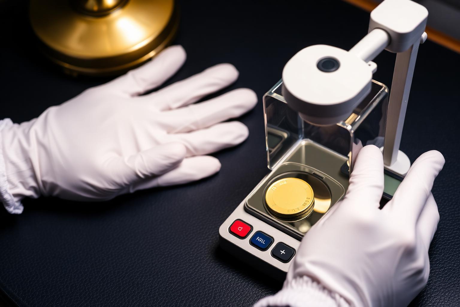 Dealer appraising a gold coin with white gloves, jeweler's loupe and precision scale