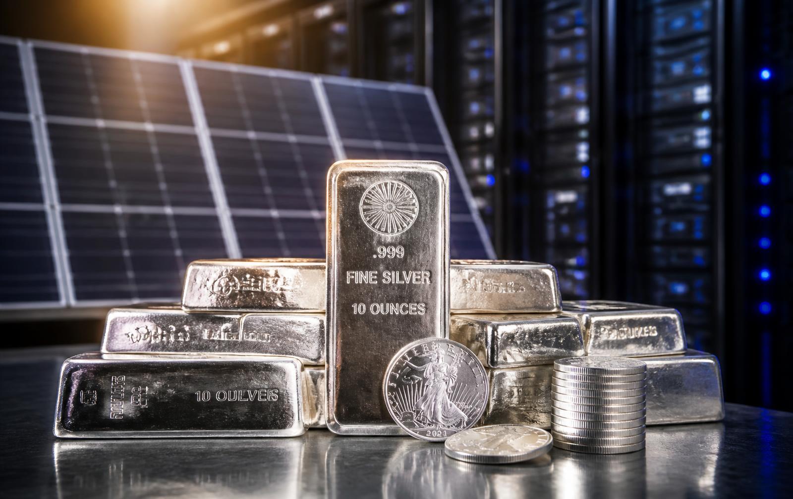 Industrial silver applications shown together: solar cells, electrical contacts and data-centre power equipment