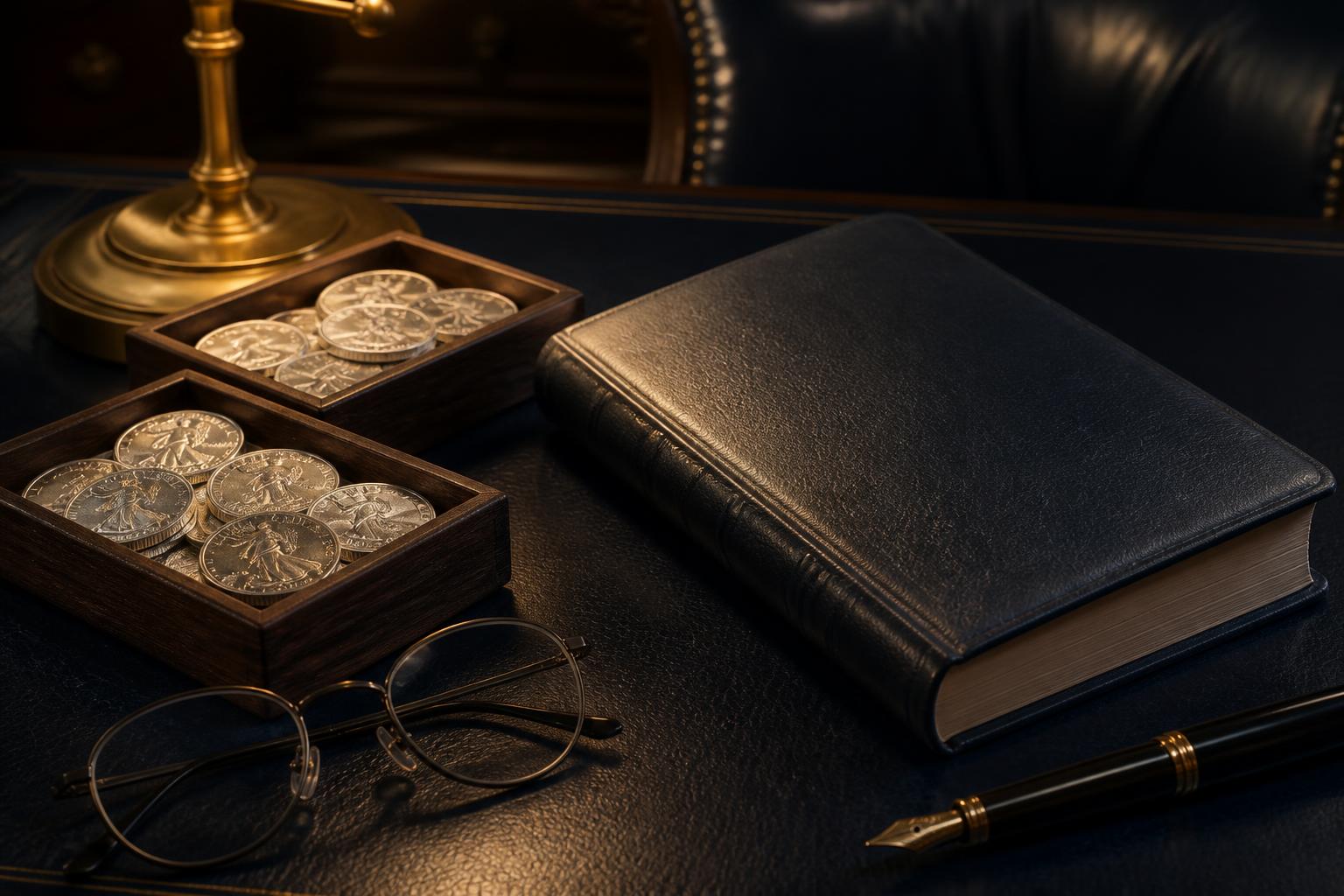 Silver bullion coins in wooden trays beside a retirement ledger and reading glasses