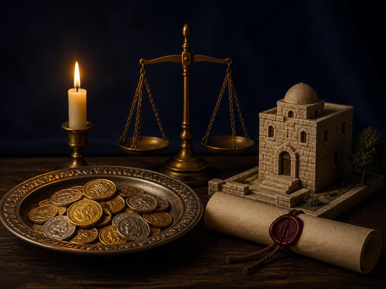 An offering plate of gold and silver coins beside a sealed land deed, a brass balance scale and a stone building model
