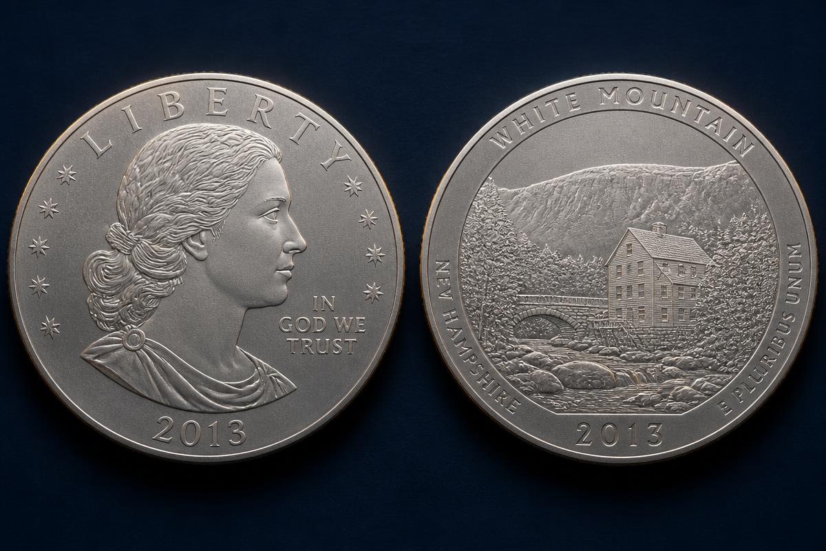 Generic United States Mint America the Beautiful 5 oz silver bullion coin, obverse and reverse, vapor-blasted matte finish