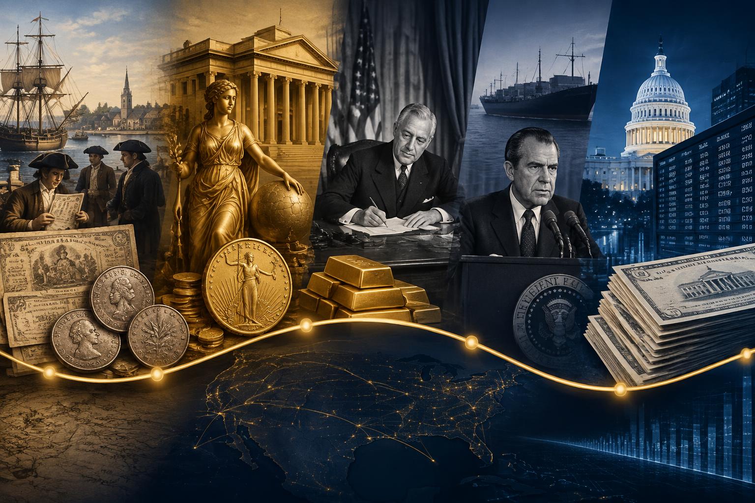 Horizontal timeline from the 1764 Currency Act through the gold standard's end to today's national debt total