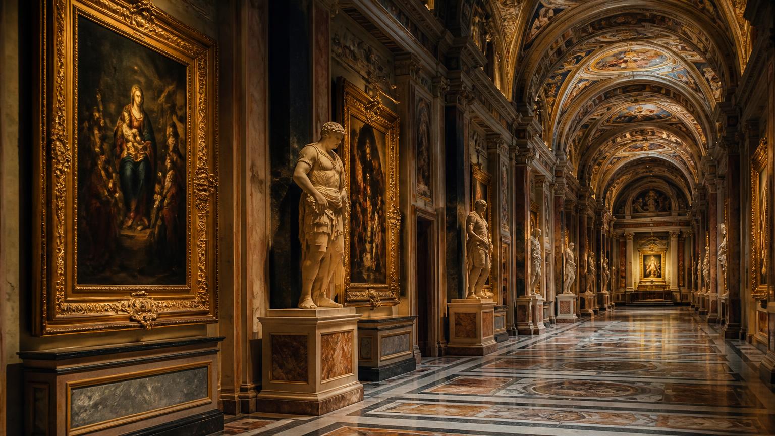 A long Renaissance gallery of church art and marble statuary, an institutional treasury held and maintained across centuries