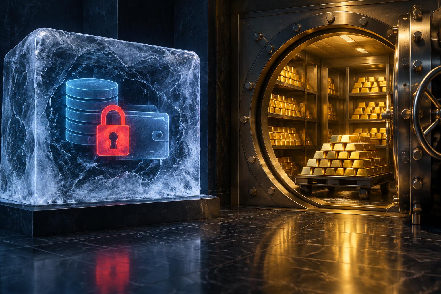 Illustration of a reserve account marked inaccessible beside a vault of physical metal marked available